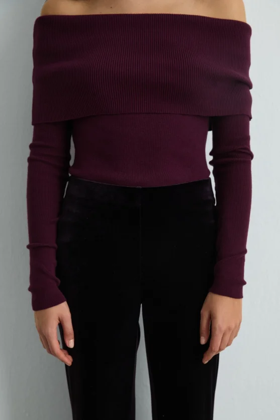 Beli Lastikli Bol Paça Kadife Pantolon - Mürdüm - 5