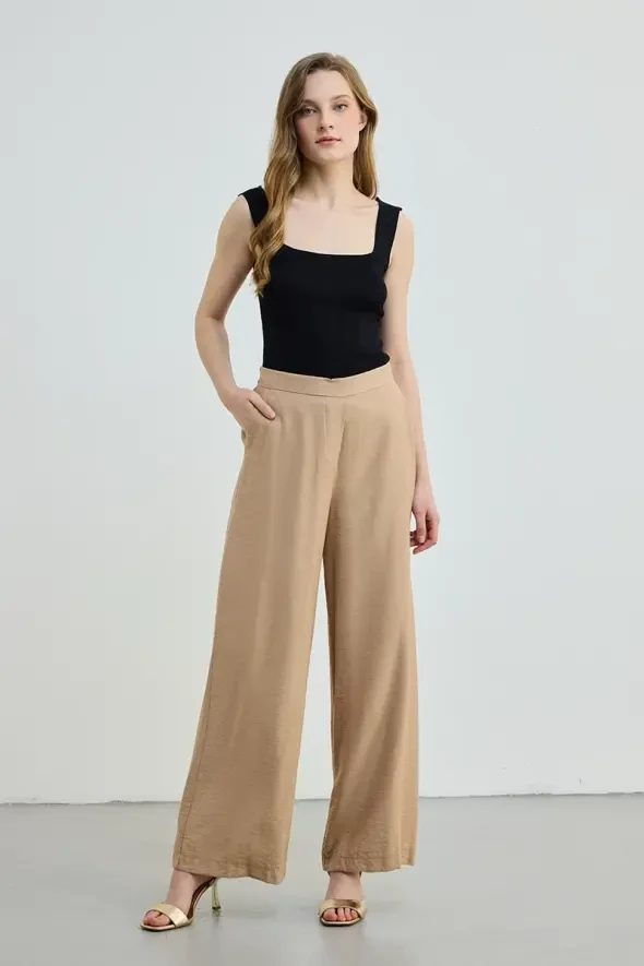 Beli Lastikli Bol Paça Pantolon - Camel - 3
