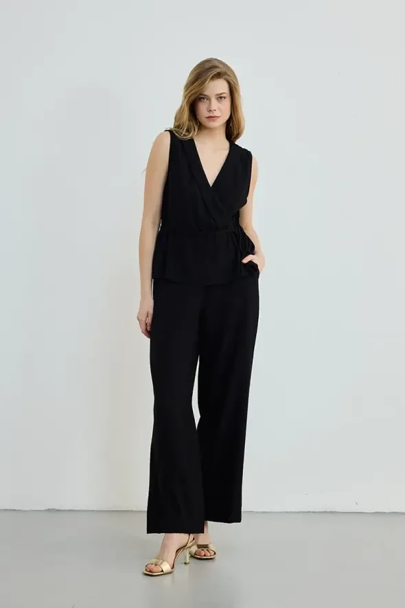 Beli Lastikli Bol Paça Pantolon - Siyah - 1