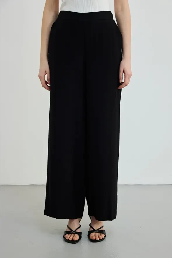 Beli Lastikli Bol Paça Pantolon - Siyah - 2