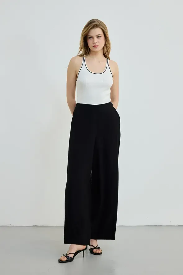 Beli Lastikli Bol Paça Pantolon - Siyah - 3