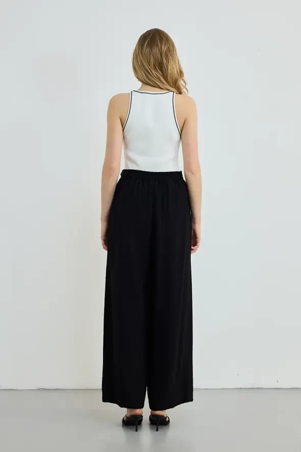 Beli Lastikli Bol Paça Pantolon - Siyah - 5