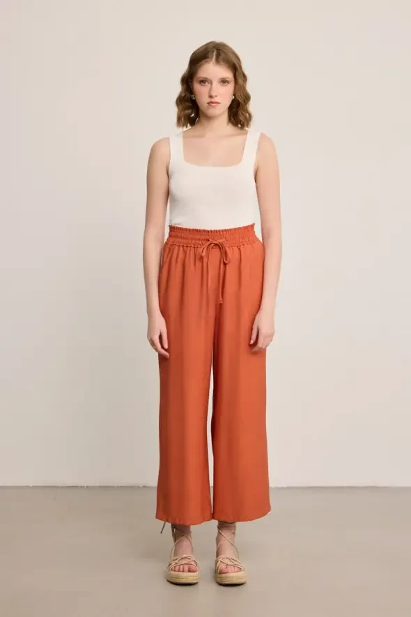 Beli Lastikli Bol Paça Viskon Pantolon - Kiremit - 4