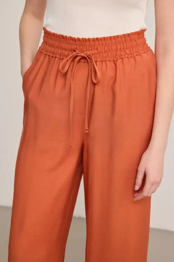 Beli Lastikli Bol Paça Viskon Pantolon - Kiremit - 5