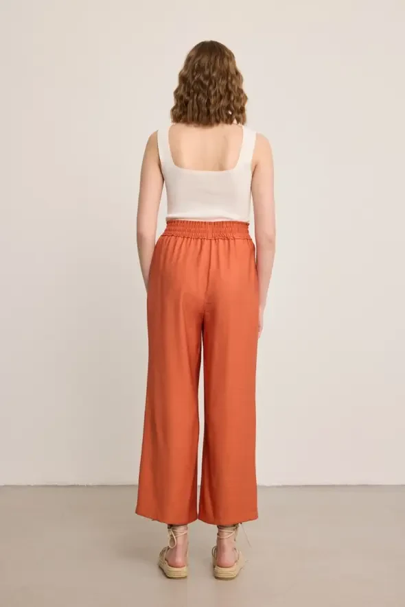 Beli Lastikli Bol Paça Viskon Pantolon - Kiremit - 11