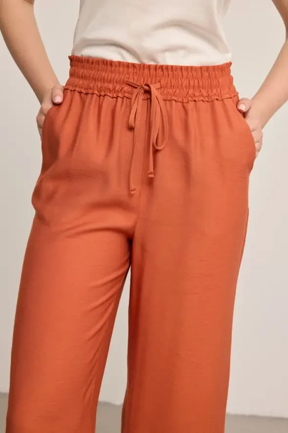 Beli Lastikli Bol Paça Viskon Pantolon - Kiremit - 9