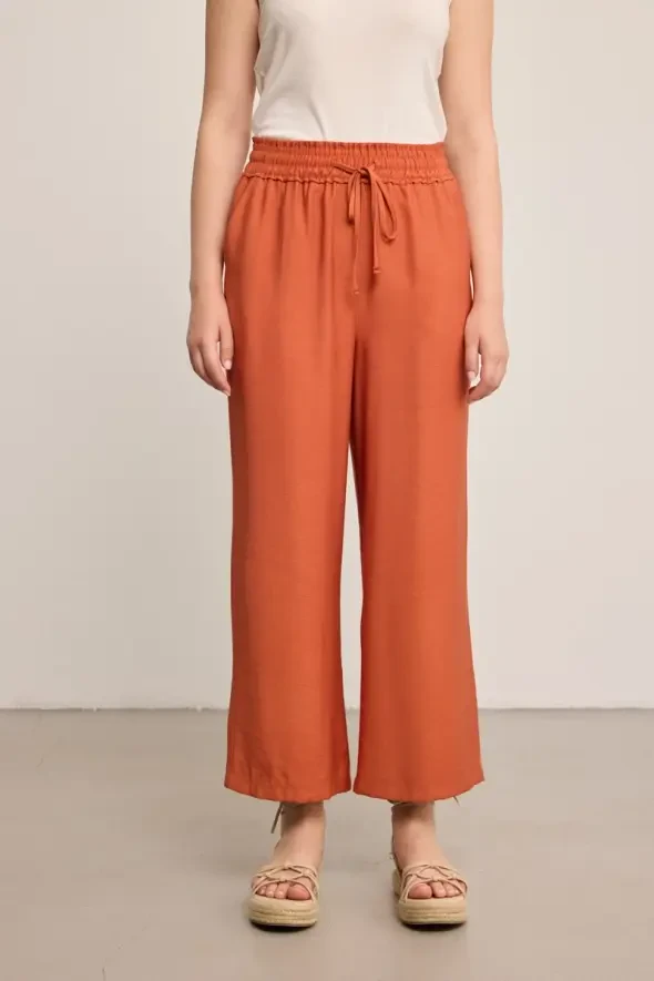 Beli Lastikli Bol Paça Viskon Pantolon - Kiremit - 6