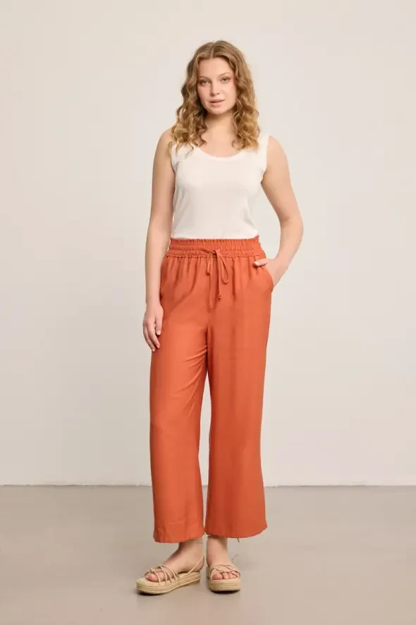 Beli Lastikli Bol Paça Viskon Pantolon - Kiremit - 7