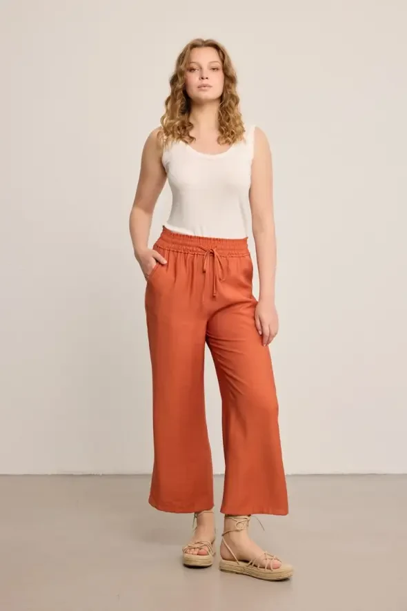Beli Lastikli Bol Paça Viskon Pantolon - Kiremit - 8