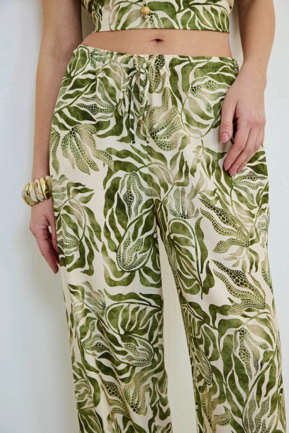 Beli Lastikli Desenli Bol Paça Pantolon - Haki - 3