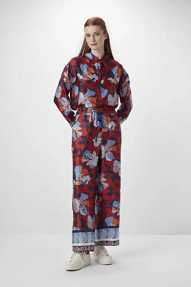 Beli Lastikli Desenli Pantolon - Kiremit Kiremit