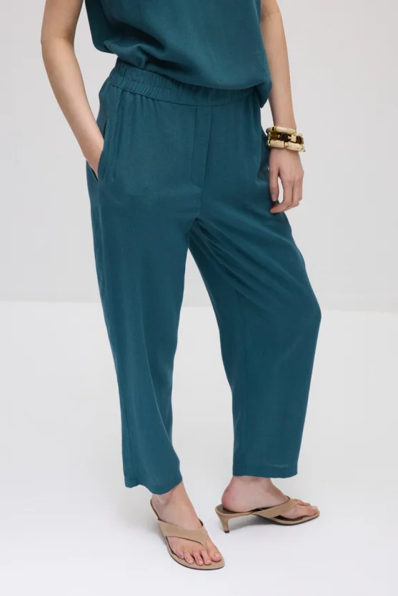Beli Lastikli Havuç Kesim Keten Pantolon - Yeşil - 2