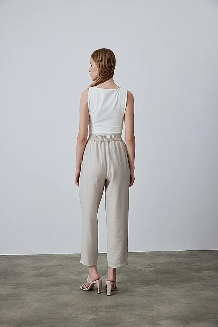 Beli Lastikli Lyocell Pantolon - Taş - Gusto