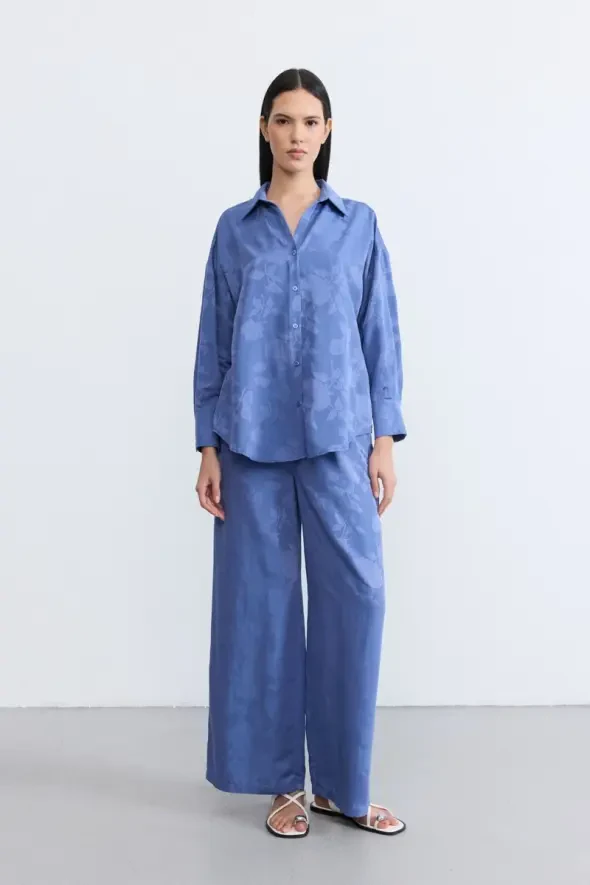 Beli Lastikli Tencel Jakar Pantolon - Mavi - 1