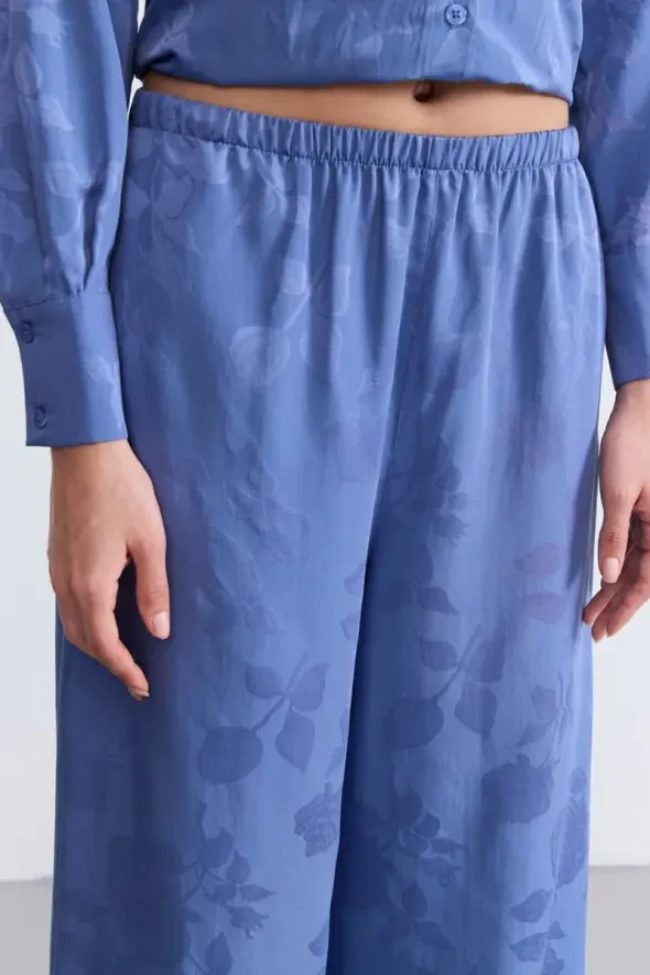 Beli Lastikli Tencel Jakar Pantolon - Mavi - 4