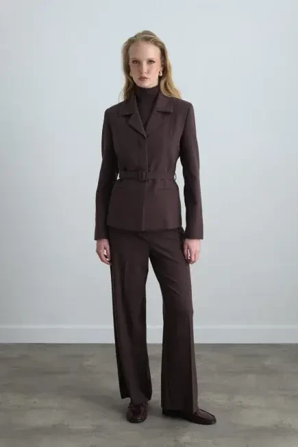 Belted Blazer Jacket - Brown Brown
