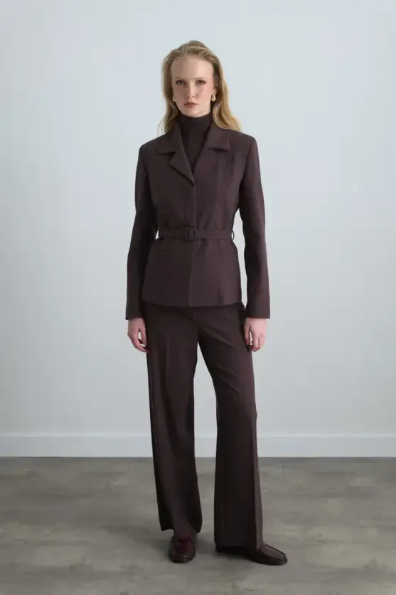 Belted Blazer Jacket - Brown - 1