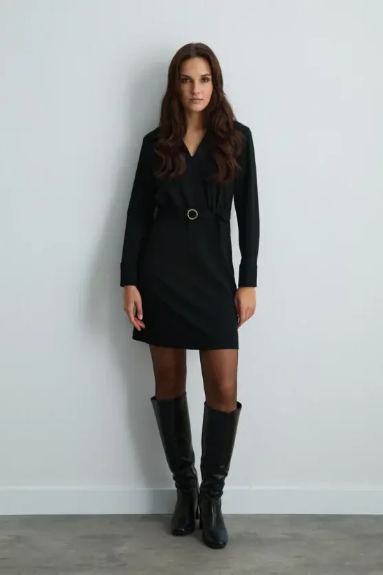 Belted Crepe Jersey Dress - Black - Gusto