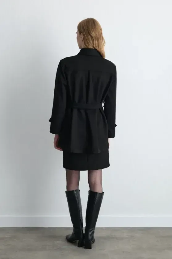Belted Faux Suede Jacket - Black - Gusto