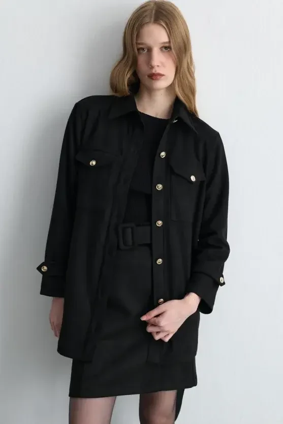 Belted Faux Suede Jacket - Black - Gusto