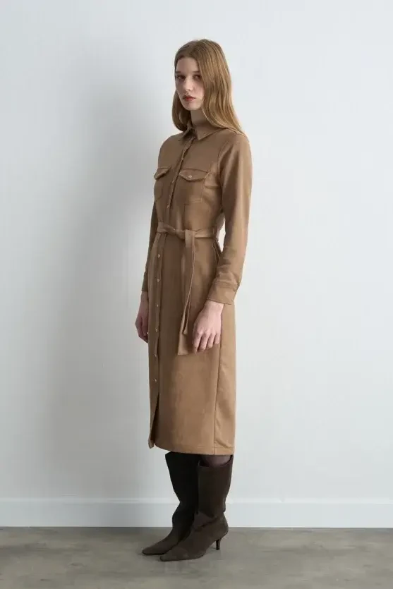 Belted Long Faux Suede Dress - Beige - 5