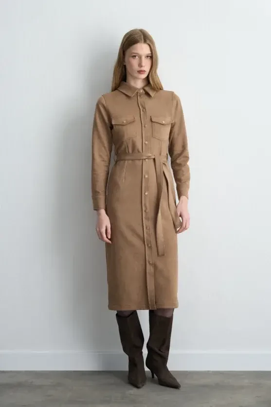 Belted Long Faux Suede Dress - Beige - 4