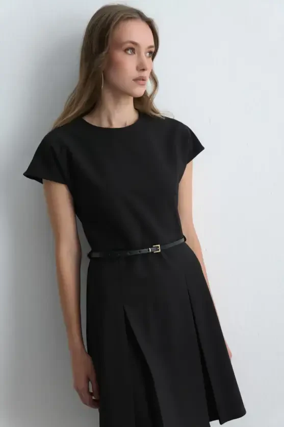 Belted Low Sleeve Dress - Black - Gusto