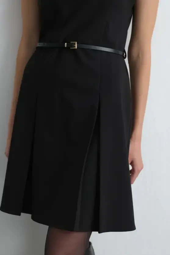 Belted Low Sleeve Dress - Black - Gusto