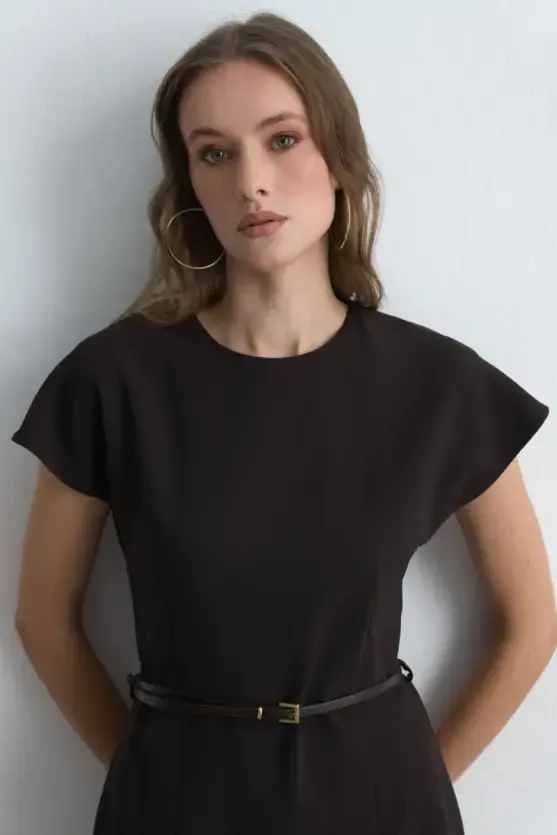 Belted Low Sleeve Dress - Brown - Gusto