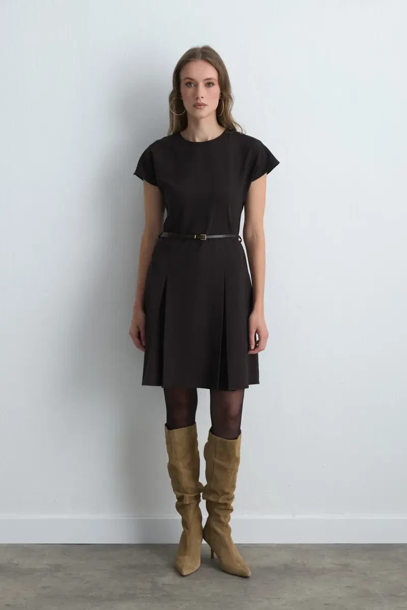 Belted Low Sleeve Dress - Brown - 3