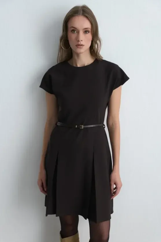 Belted Low Sleeve Dress - Brown - Gusto