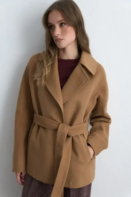 Belted Short Coat - Camel - Gusto