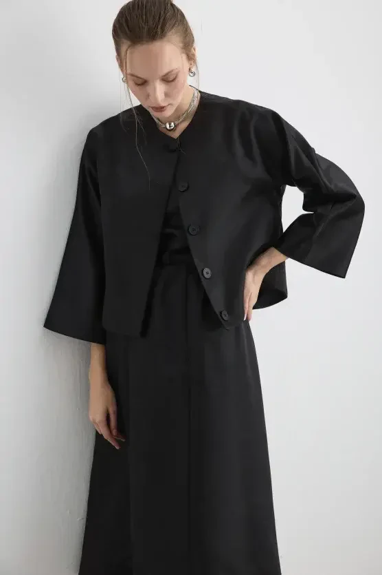 Belted Square-Neck Taffeta Midi Dress - Black - Gusto