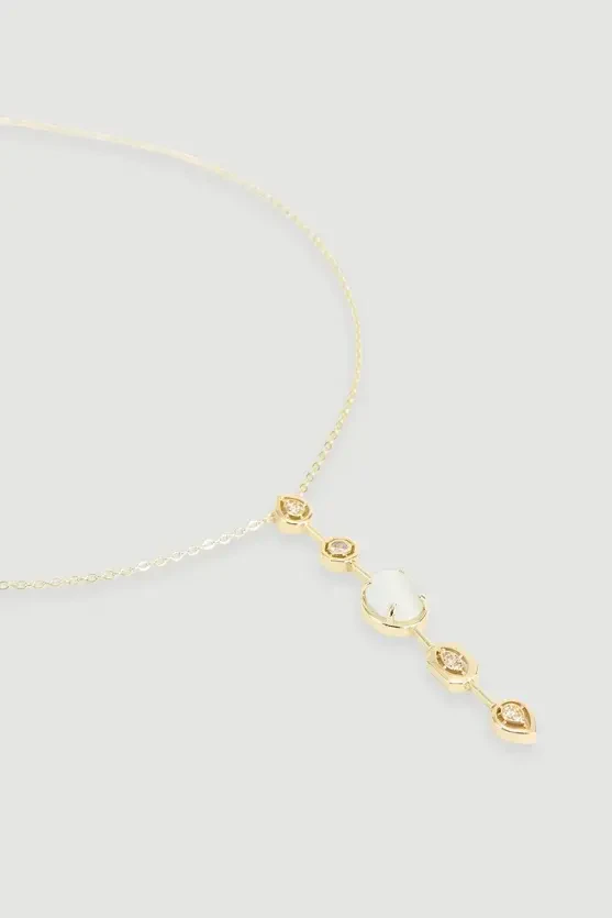 Beyaz Taş Detaylı Y Kolye - Gold - Gusto