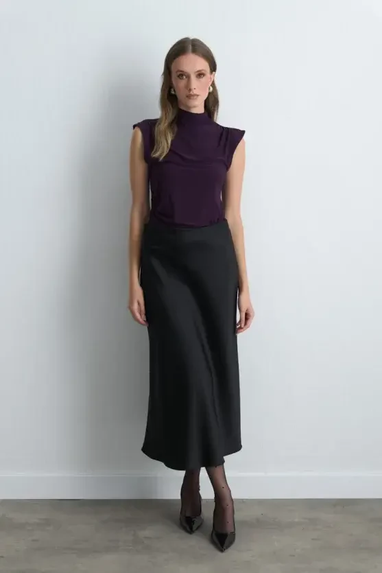 Bias Cut Long Satin Skirt - Black - Gusto