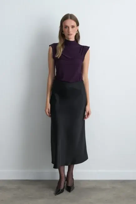 Bias Cut Long Satin Skirt - Black Black