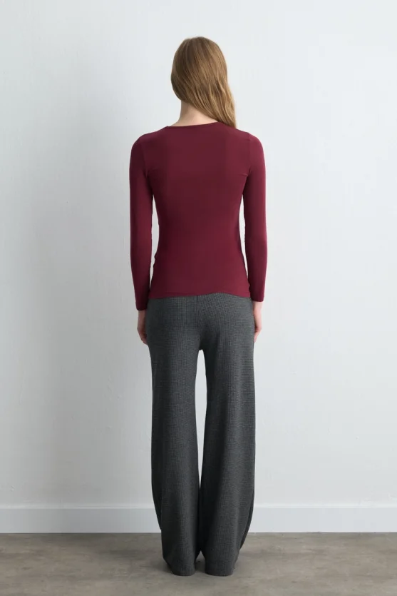 Bisiklet Yaka Kaşmir Bluz - Bordo - Gusto