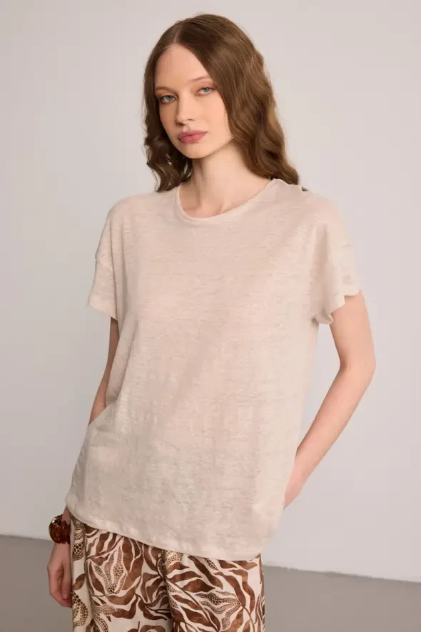 Bisiklet Yaka Keten T-Shirt - Bej - 1