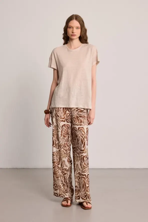 Bisiklet Yaka Keten T-Shirt - Bej - 2