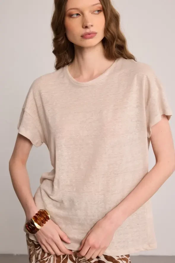 Bisiklet Yaka Keten T-Shirt - Bej - 3