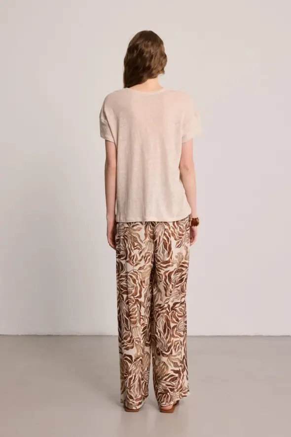 Bisiklet Yaka Keten T-Shirt - Bej - 4