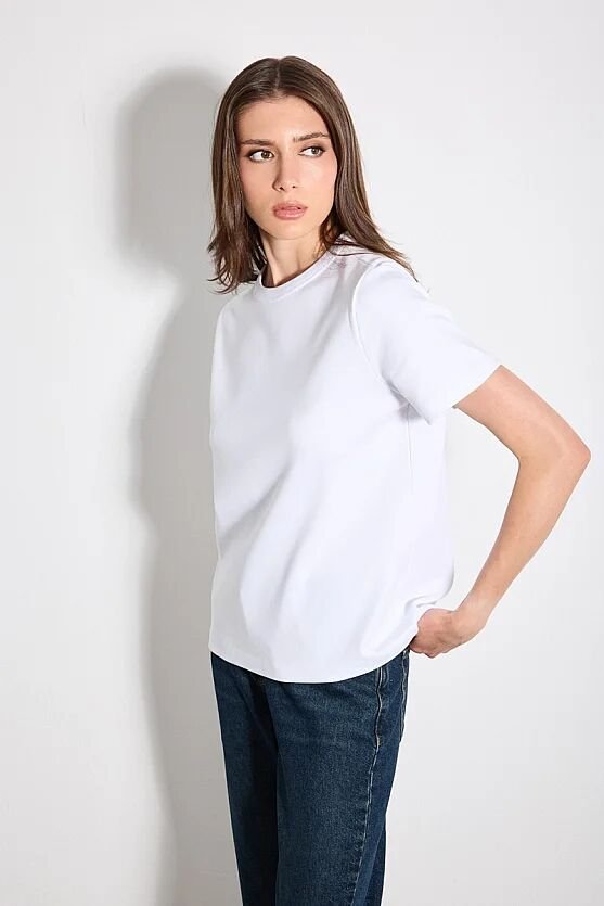 Bisiklet Yaka Kısa Kollu İnterlok Örme Pamuk Tshirt - Beyaz - Gusto