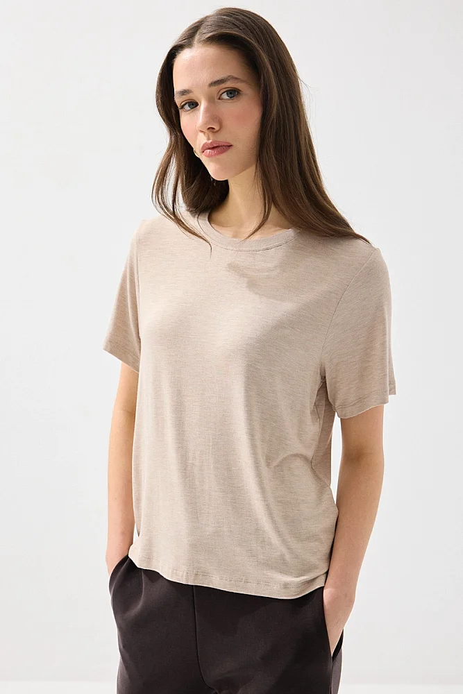 Bisiklet Yaka Melanjlı Bambu Tshirt - Bej Bej