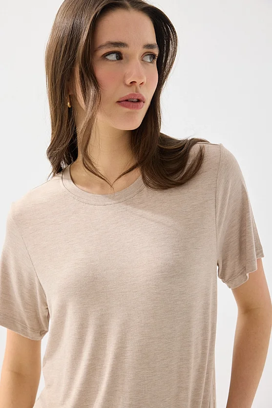 Bisiklet Yaka Melanjlı Bambu Tshirt - Bej - 3