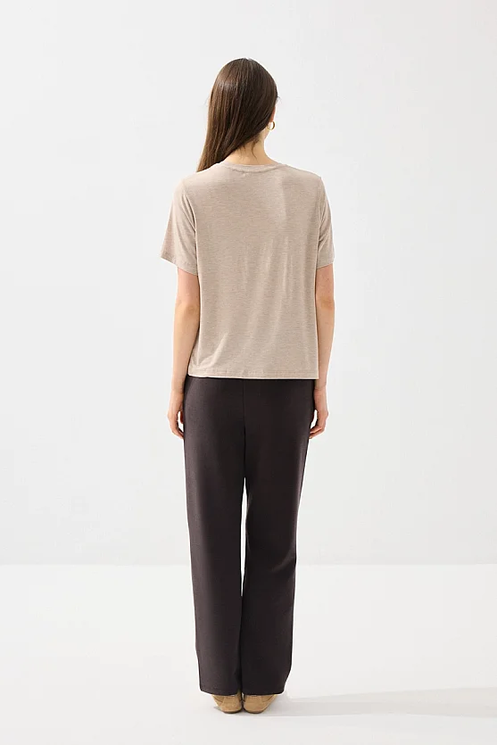 Bisiklet Yaka Melanjlı Bambu Tshirt - Bej - 5