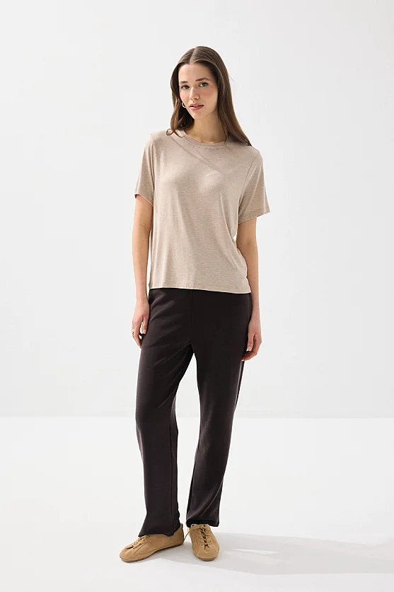 Bisiklet Yaka Melanjlı Bambu Tshirt - Bej - 2