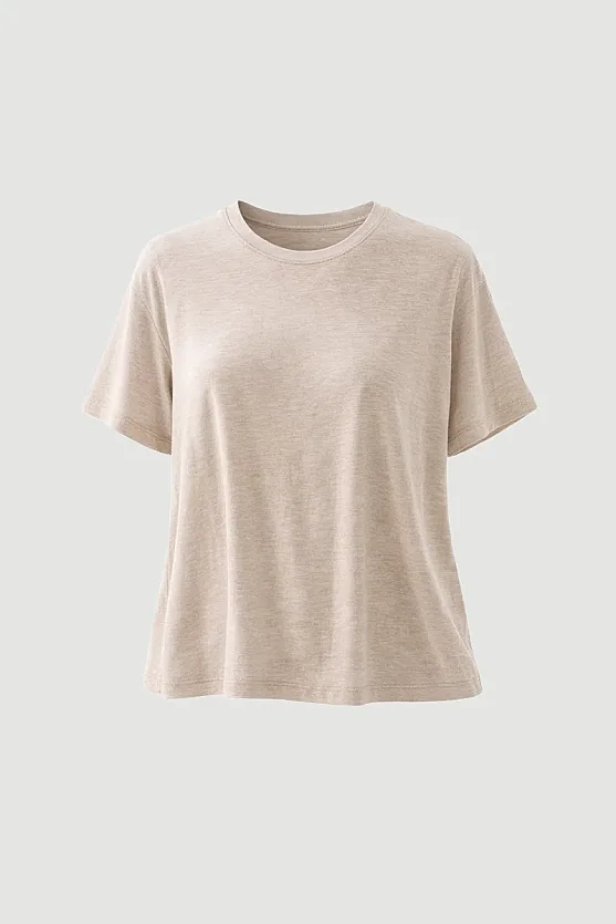 Bisiklet Yaka Melanjlı Bambu Tshirt - Bej - Gusto