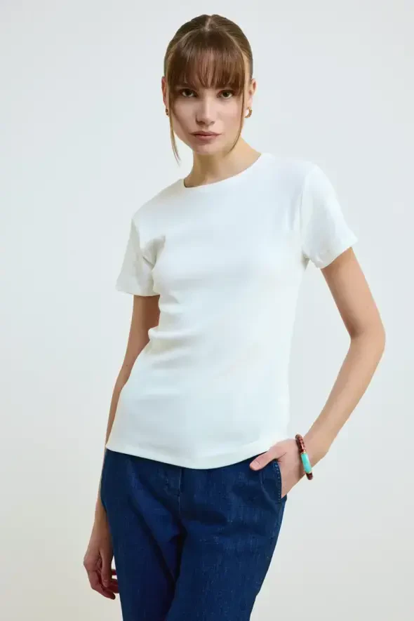 Bisiklet Yaka Pamuk Kaşkorse T-Shirt - Ekru - 1
