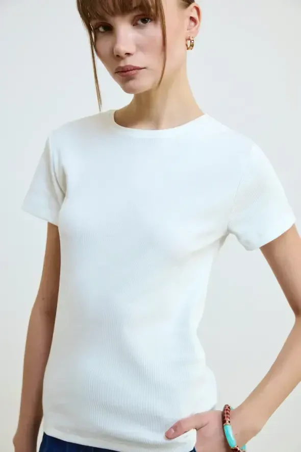 Bisiklet Yaka Pamuk Kaşkorse T-Shirt - Ekru - 3