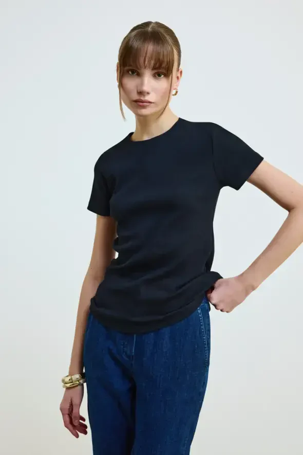 Bisiklet Yaka Pamuk Kaşkorse T-Shirt - Siyah - 1